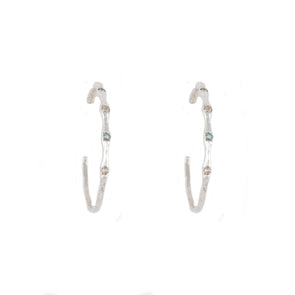 Hammered Sterling Silver Hoops - Blue Topaz and Cubic Zirconia