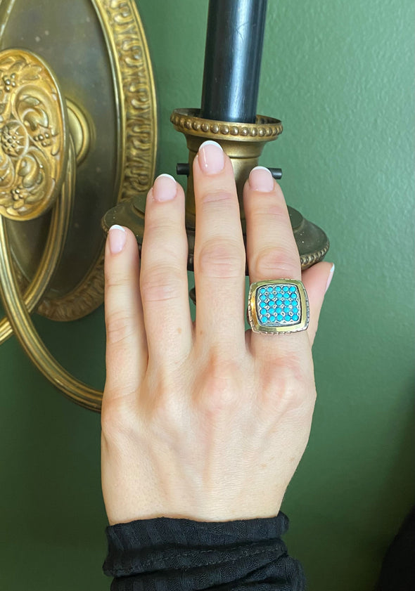 Turquoise Sterling Silver and Gold Square Shape Ring