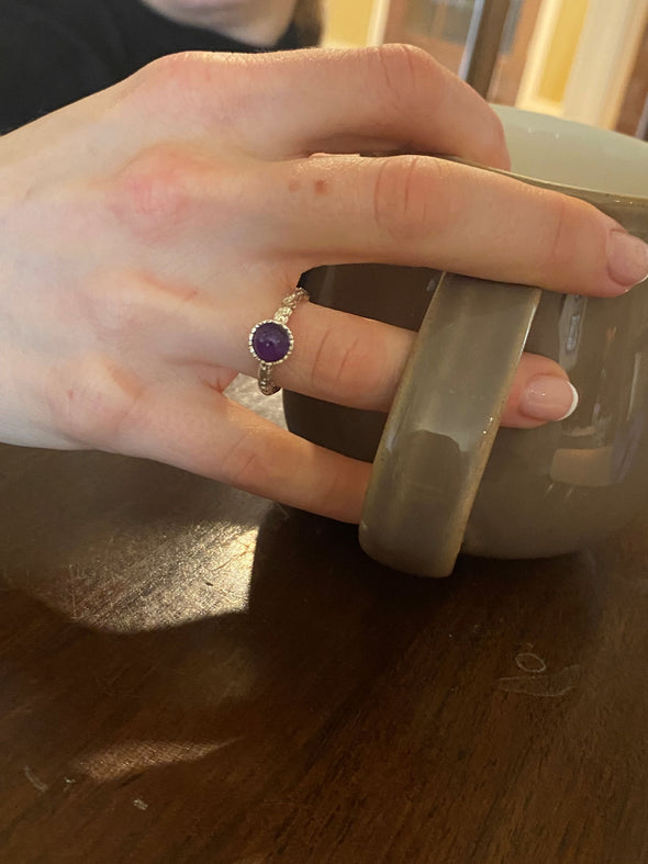 Dainty Textured Sterling Silver Ring with Round Amethyst Stone