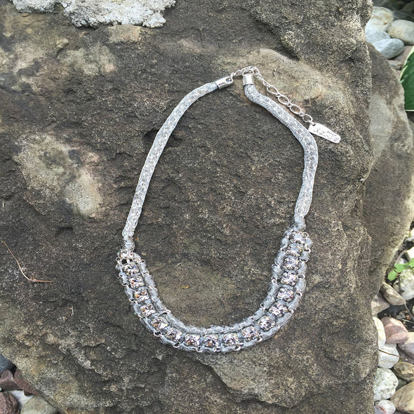 Crystal And Mesh Silver Necklace - omani online