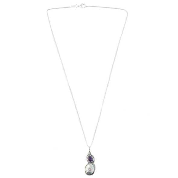 Roman Glass and Amethyst Pendant in Sterling Silver and Chain