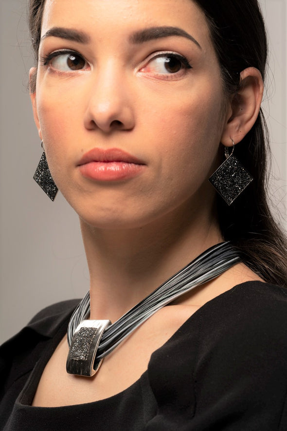 Swarovski Crystal Rock Statement Earrings- Dark Silver - omani online