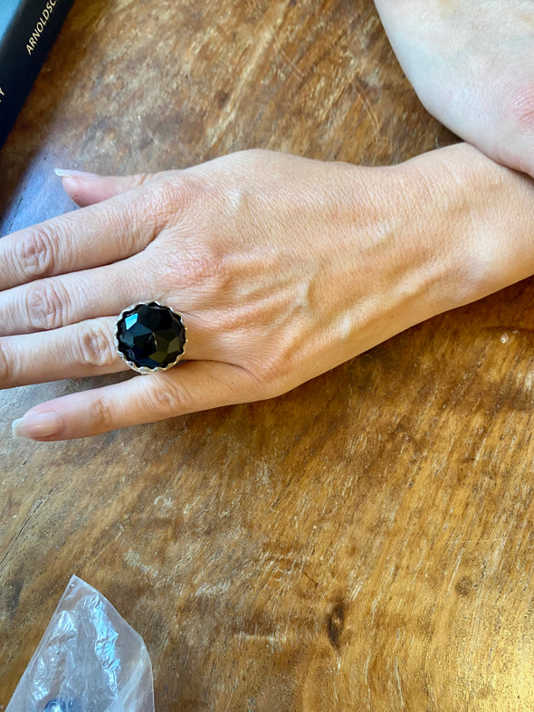 Onyx Statement Ring in Textured Sterling Silver and Faceted Black Stone