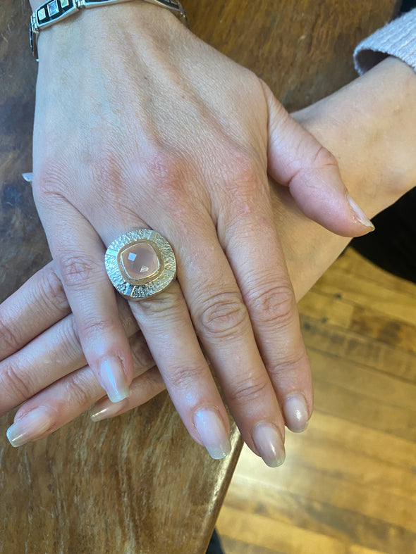 Sterling Silver and Gold with Rose Jade Statement Ring