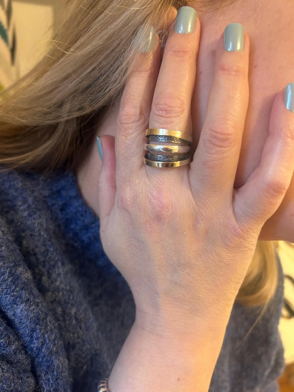 Statement Three Tone Sterling Silver and Gold Ring Handmade in Israel