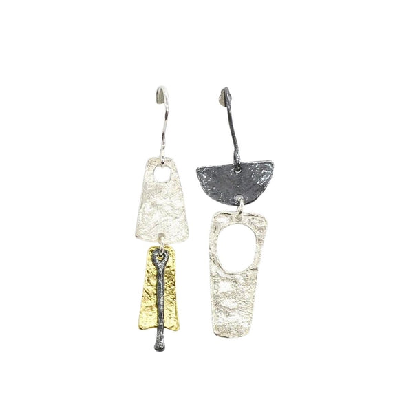 Artisan Three-Tone Statement Earrings – Sterling Silver with Oxidized & Gold-Plated Details, Handmade in Israel