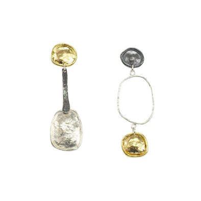 Three-Tone Sterling Silver Post Dangle Earrings – Handcrafted in Israel with Oxidized & Gold-Plated Accents