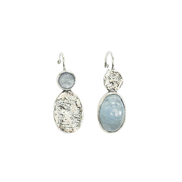 Asymmetrical Sterling Silver Earrings with Aquamarine – Handcrafted Textured Design from Israel