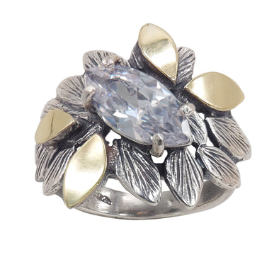 Sterling Silver & Gold Marquise CZ Ring – Handcrafted Statement Band from Israel