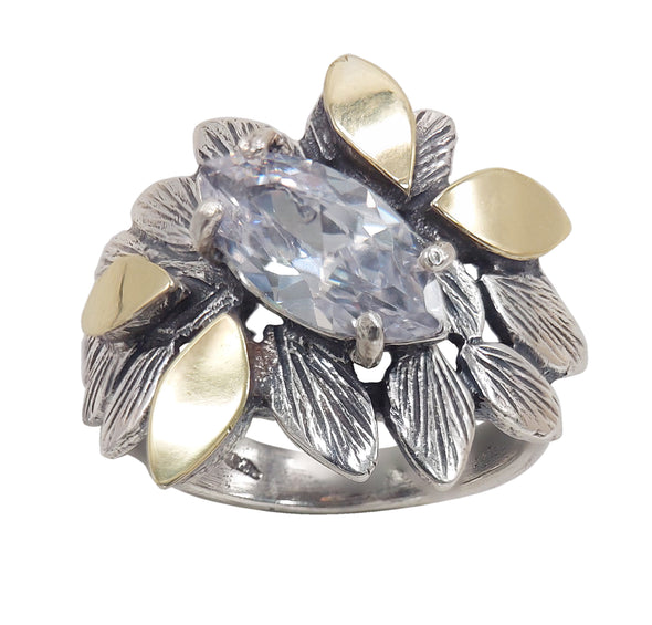 Sterling Silver & Gold Marquise CZ Ring – Handcrafted Statement Band from Israel