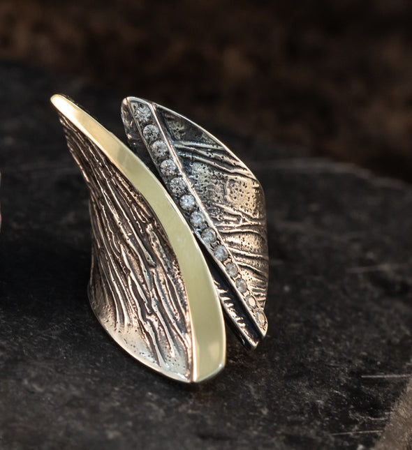 Statement Sterling Silver Ring with Gold and Cubic Zirconia Handmade in Israel