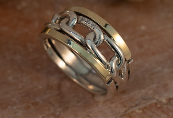 Sterling Silver and Gold Ring Link Design Handmade in Israel
