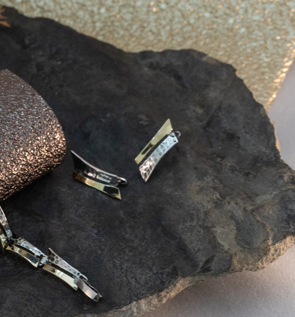 Textured Sterling Silver and Gold Earrings – Handcrafted in Israel | Two-Tone Huggie Earrings |  | Elegant Artisan Jewelry