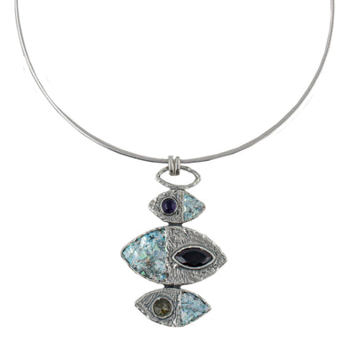 Ancient Roman Glass Pendant in Sterling Silver with Garnet, Amethyst and Labradorite