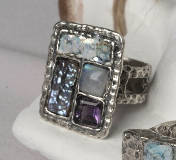 Ancient Roman Glass Sterling Silver Statement Ring Set with Semi Precious Stones