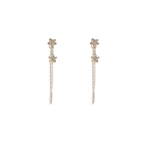 Sterling Silver Chain Earrings with Double Flower – Handmade in Israel