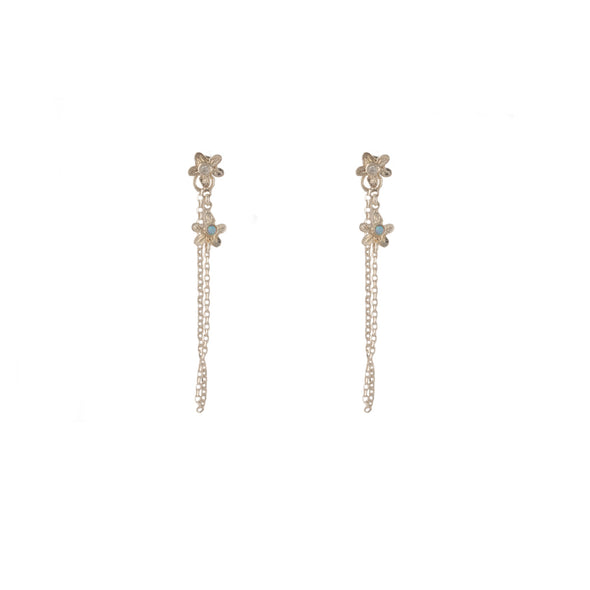 Sterling Silver Chain Earrings with Double Flower – Handmade in Israel