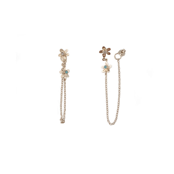 Sterling Silver Chain Earrings with Double Flower – Handmade in Israel