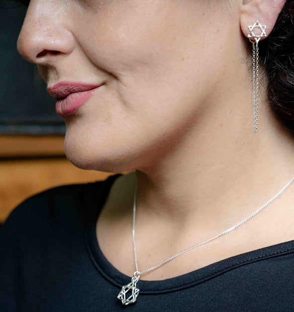 Star of David Sterling Silver Earrings with Chain Handmade in Israel