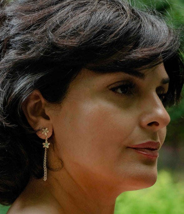 Sterling Silver Chain Earrings with Double Flower – Handmade in Israel