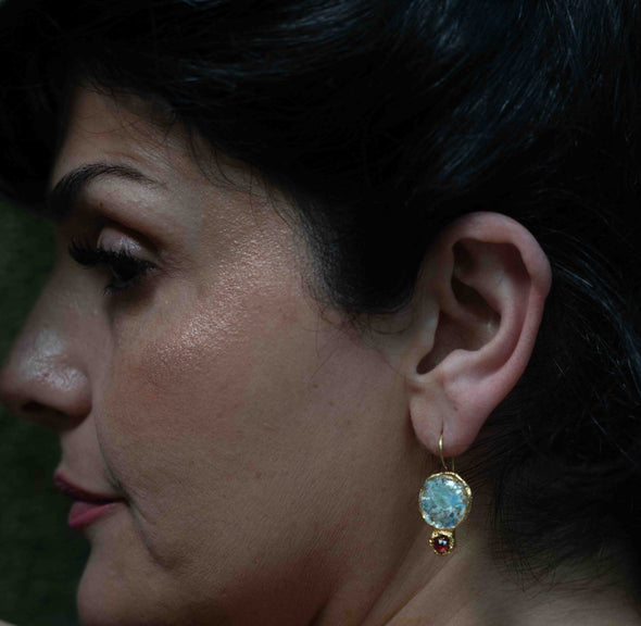 Roman Glass Earring Gold Plated with Garnet- Handmade in Israel