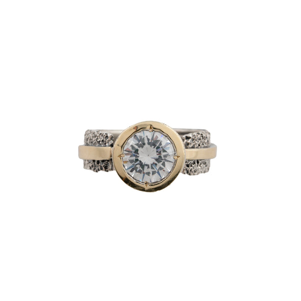 Textured Sterling Silver and Gold Ring  with Center Cubic Zirconia