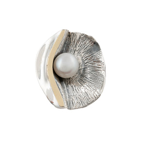 Statement Pearl Sterling Silver Ring with Gold Accents