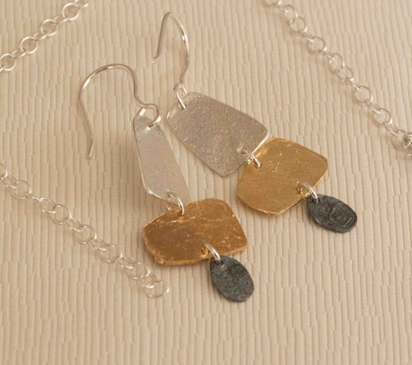 Three Tone Textured Sterling Silver Post Earrings Handmade in Israel