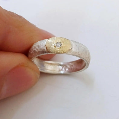 Sterling Silver Textured Stackable Ring with Gold and Center Diamond