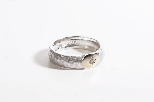 Sterling Silver Textured Stackable Ring with Gold and Center Diamond