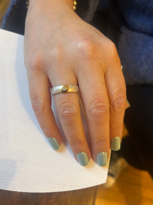 Sterling Silver Textured Stackable Ring with Gold and Center Diamond