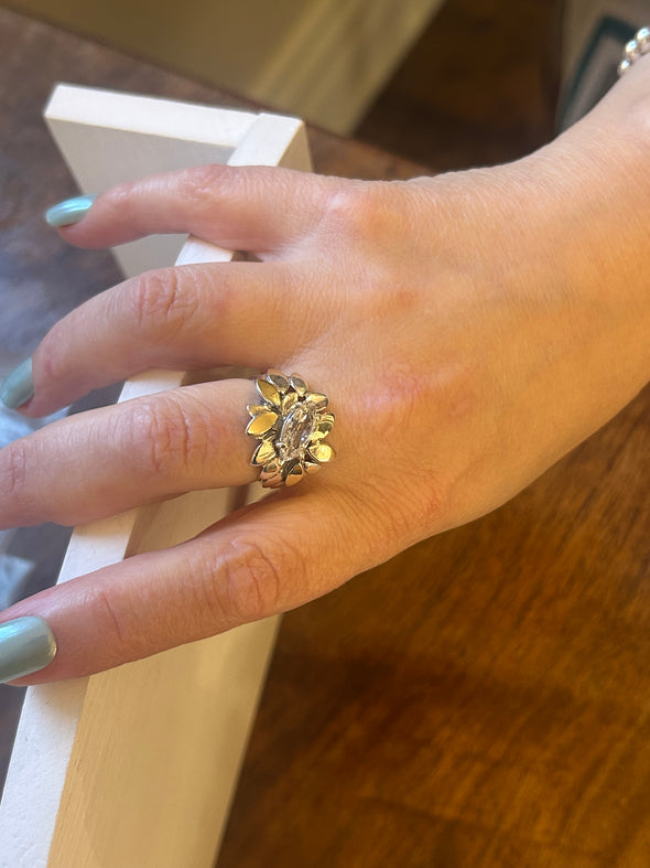 Sterling Silver & Gold Marquise CZ Ring – Handcrafted Statement Band from Israel