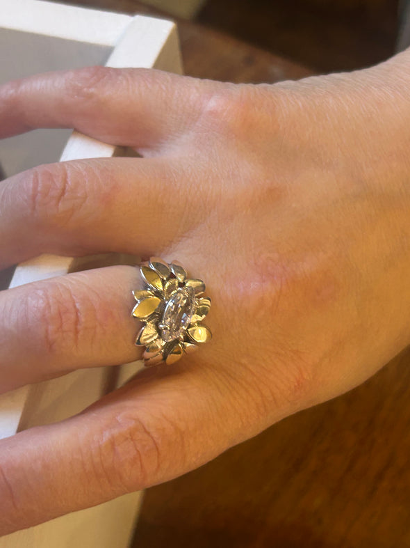 Sterling Silver & Gold Marquise CZ Ring – Handcrafted Statement Band from Israel