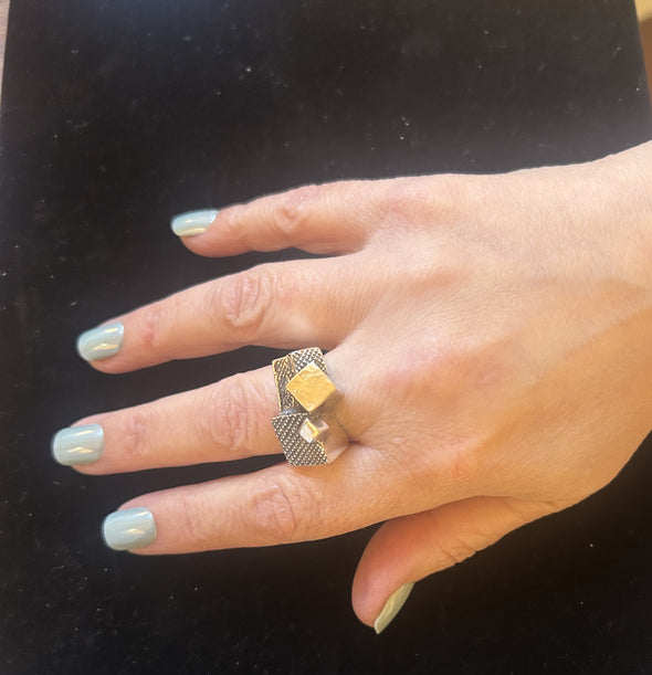 Statement Sterling Silver and Gold Artisan Ring Handmade in Israel