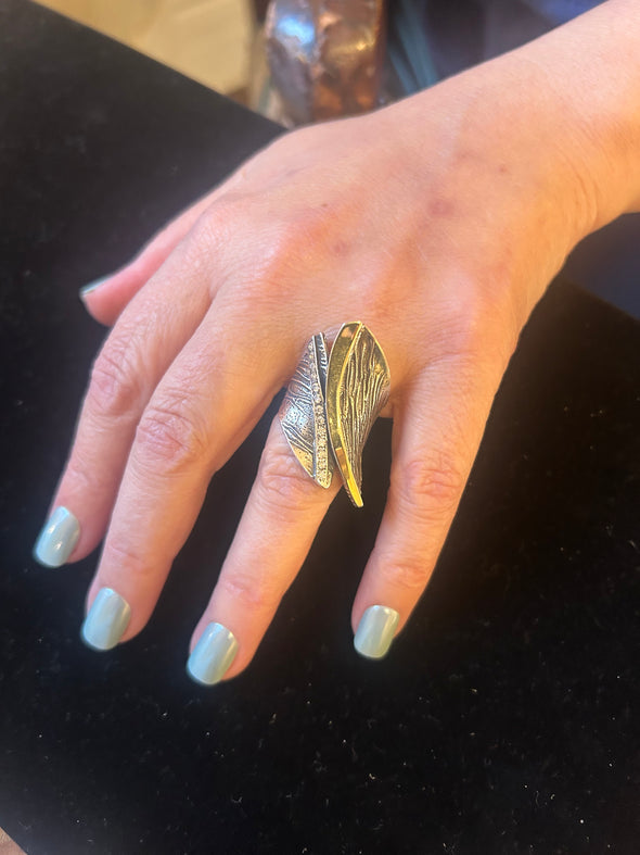 Statement Sterling Silver Ring with Gold and Cubic Zirconia Handmade in Israel