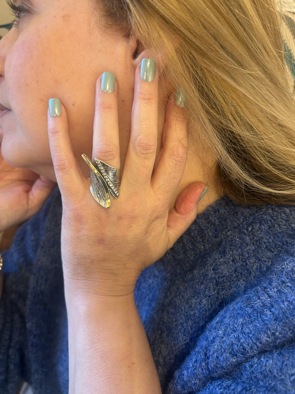 Statement Sterling Silver Ring with Gold and Cubic Zirconia Handmade in Israel