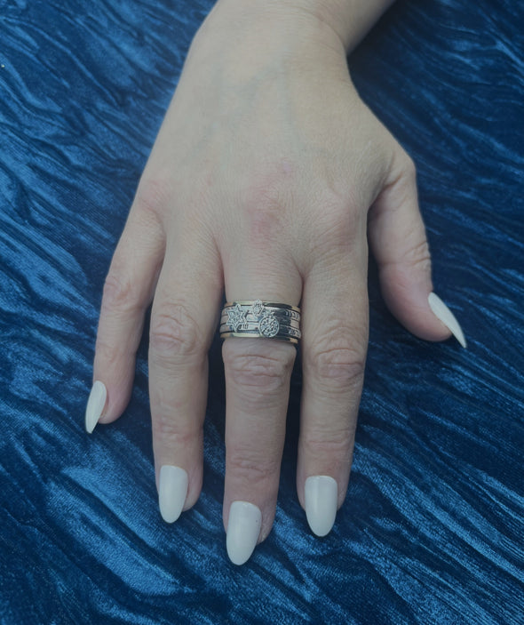 This Too Shall Pass Star of David, Pomegranate and Hamsa Sterling Silver and Gold Meditation Ring