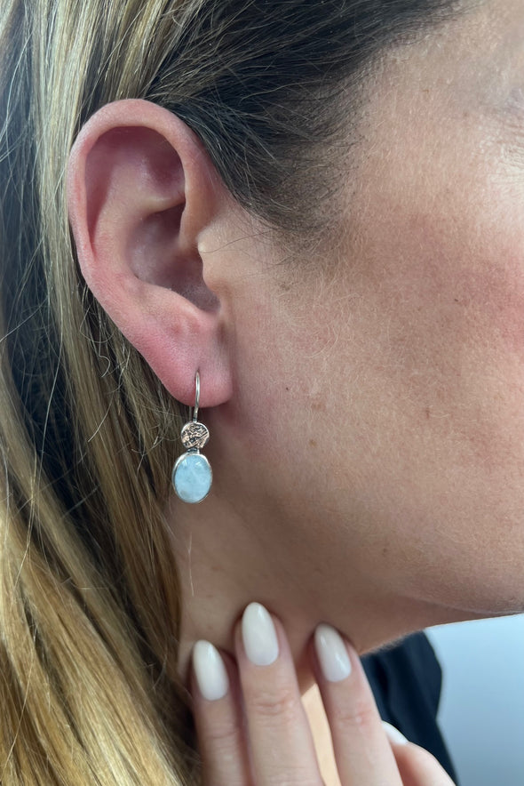 Asymmetrical Sterling Silver Earrings with Aquamarine – Handcrafted Textured Design from Israel