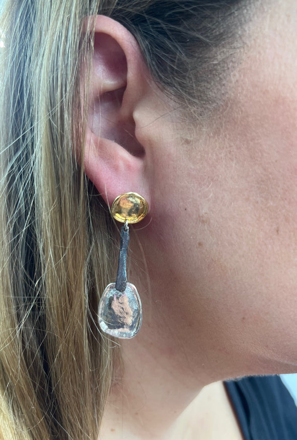 Three-Tone Sterling Silver Post Dangle Earrings – Handcrafted in Israel with Oxidized & Gold-Plated Accents