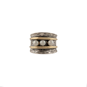Freshwater Pearl Statement Ring – Textured Sterling Silver & Gold Handmade in Israel