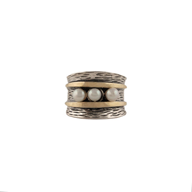 Freshwater Pearl Statement Ring – Textured Sterling Silver & Gold Handmade in Israel