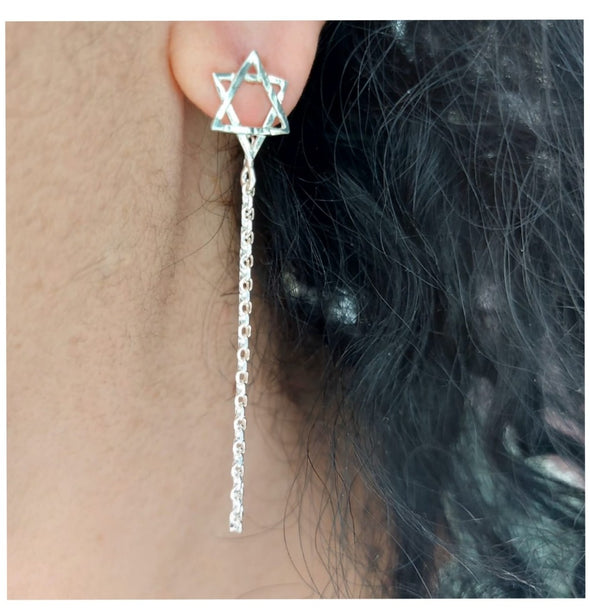 Star of David Sterling Silver Earrings with Chain Handmade in Israel