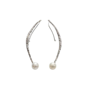 Sterling Silver Curved Earrings with Freshwater Pearl – Handmade in Israel