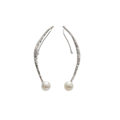 Sterling Silver Curved Earrings with Freshwater Pearl – Handmade in Israel