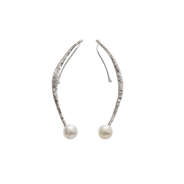 Sterling Silver Curved Earrings with Freshwater Pearl – Handmade in Israel