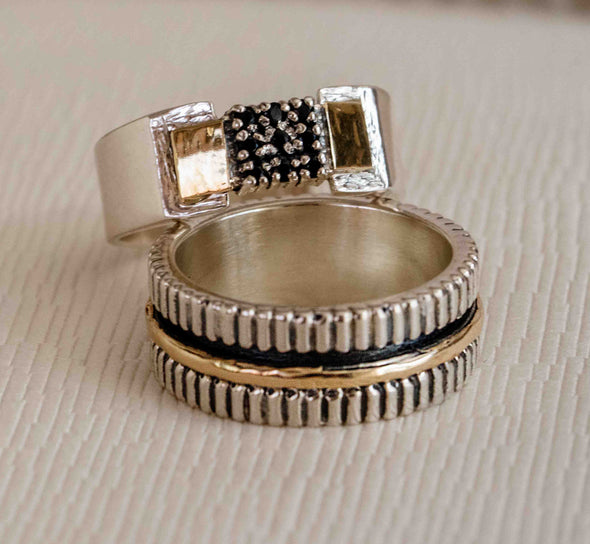 Sterling Silver & Gold Ring with Black Spinel – Handcrafted in Israel | Modern Artisan Design