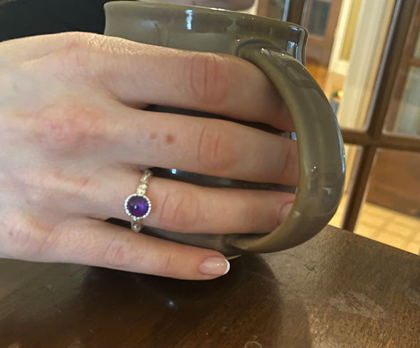 Dainty Textured Sterling Silver Ring with Round Amethyst Stone