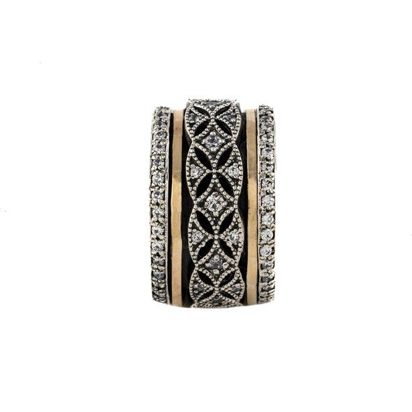 Art Deco Style Statement Mediation Band in Sterling Silver and Gold with Cubic Zirconia