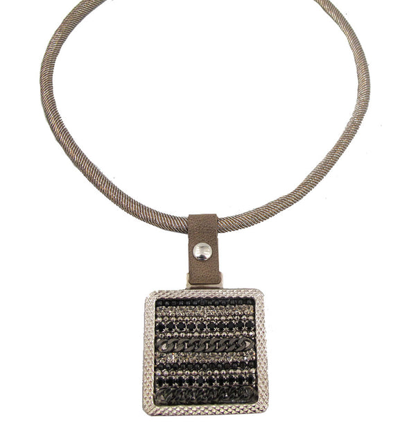 Square pendant on mesh cord Necklace. Swarovski crystal mixed metal pendant - omani online