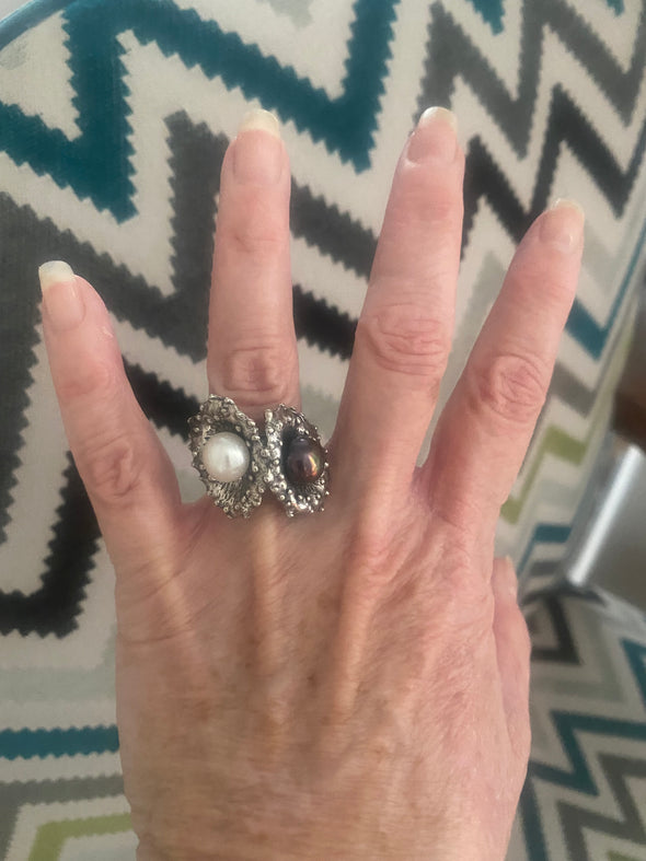 Pearl Statement Ring in Textured Sterling Silver